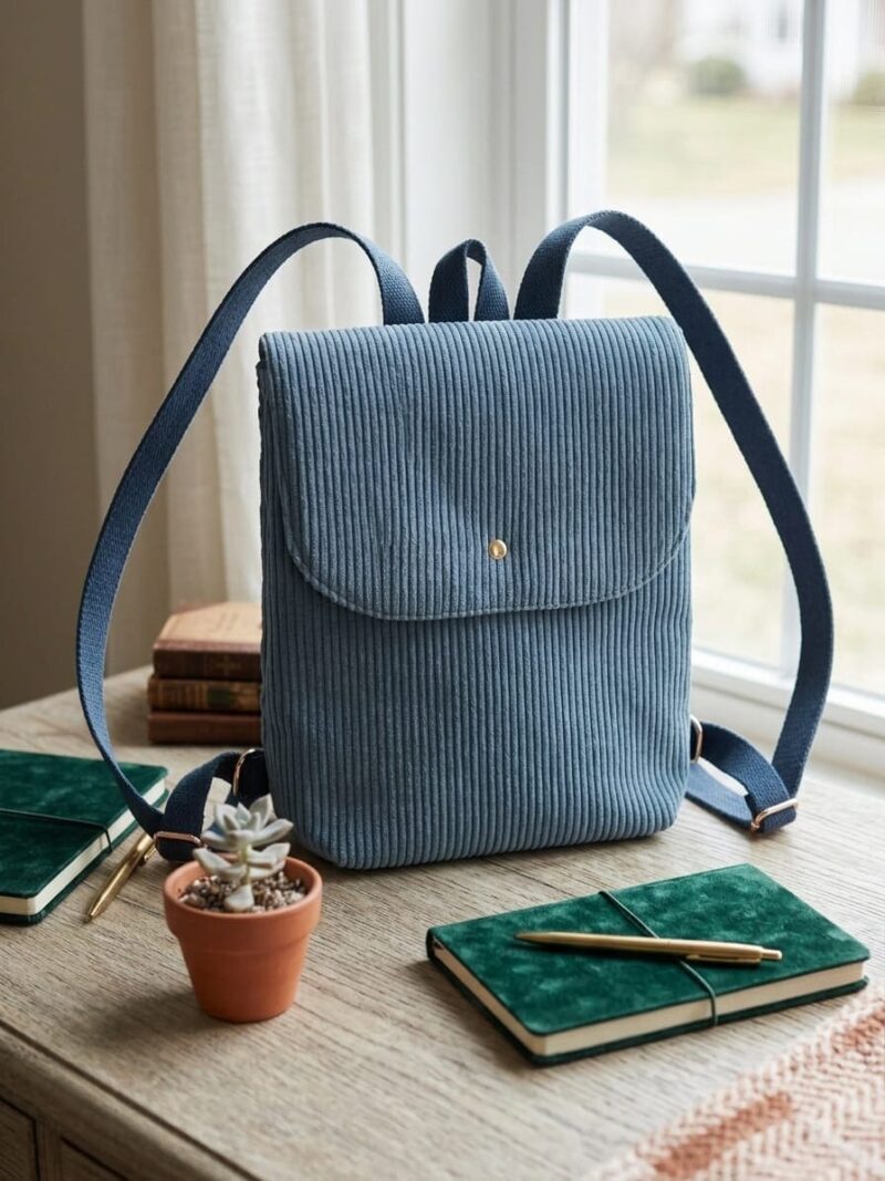 Sac à dos fait main en tissu - Velours bleu Sac à dos fait main en tissu - Velours bleu